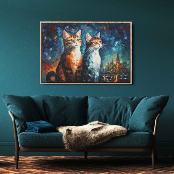 Cute Cats Oil Painting Palette Knife Technique Bright Colorful Vibrant Colors Art Print On