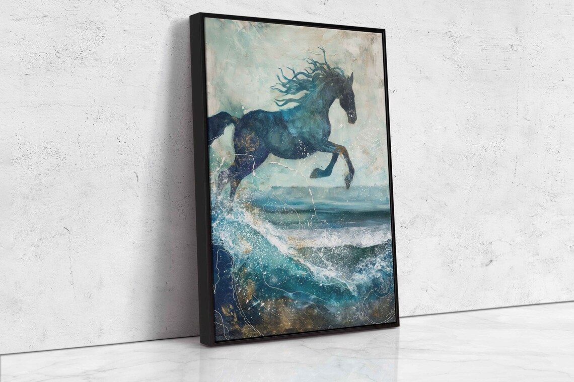 Blue Horse Galloping Over Ocean Waves Mixed Media Coastal Art Poster - Image 4