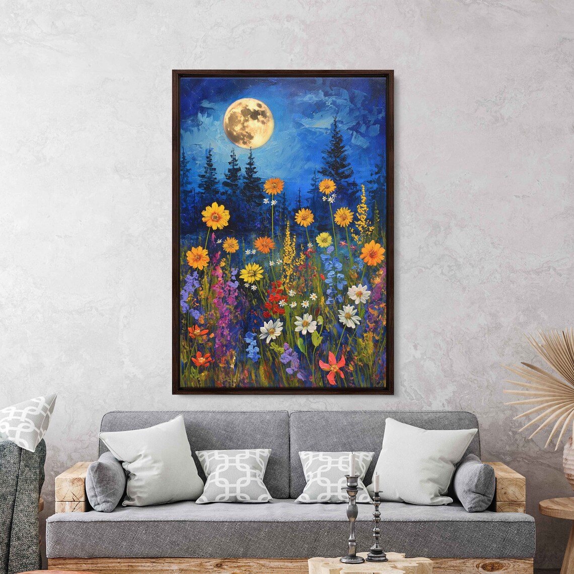 Moonlit Wildflower Meadow Full Moon Blooming Sunflowers Night Sky Poster - Image 2