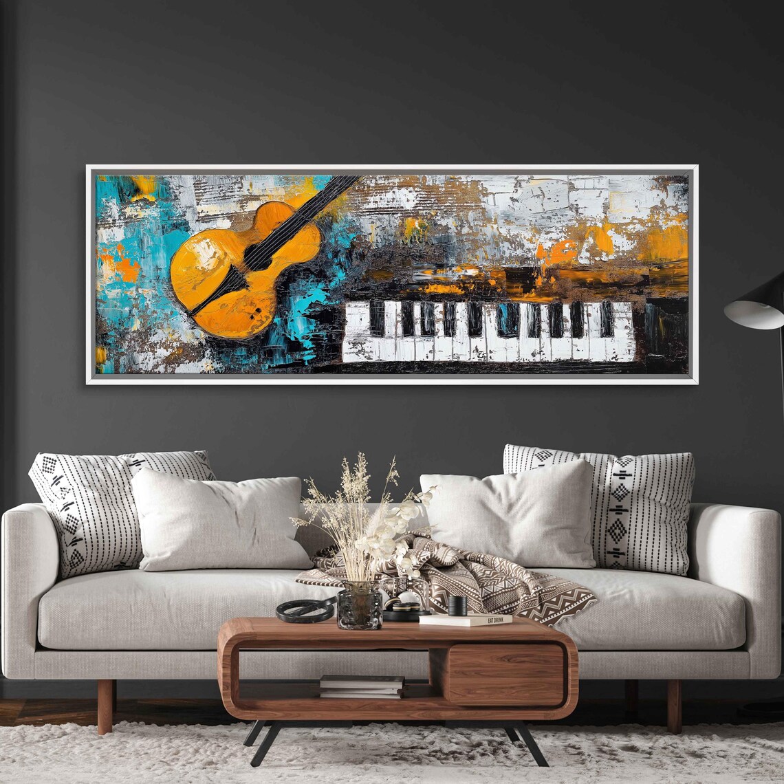 Abstract Guitar And Piano Keys Textured Turquoise Oil Painting Poster