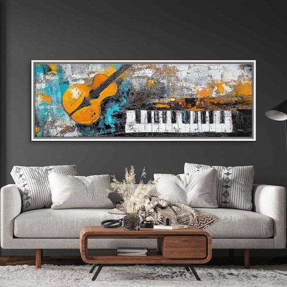 Abstract Guitar And Piano Keys Textured Turquoise Oil Painting Poster