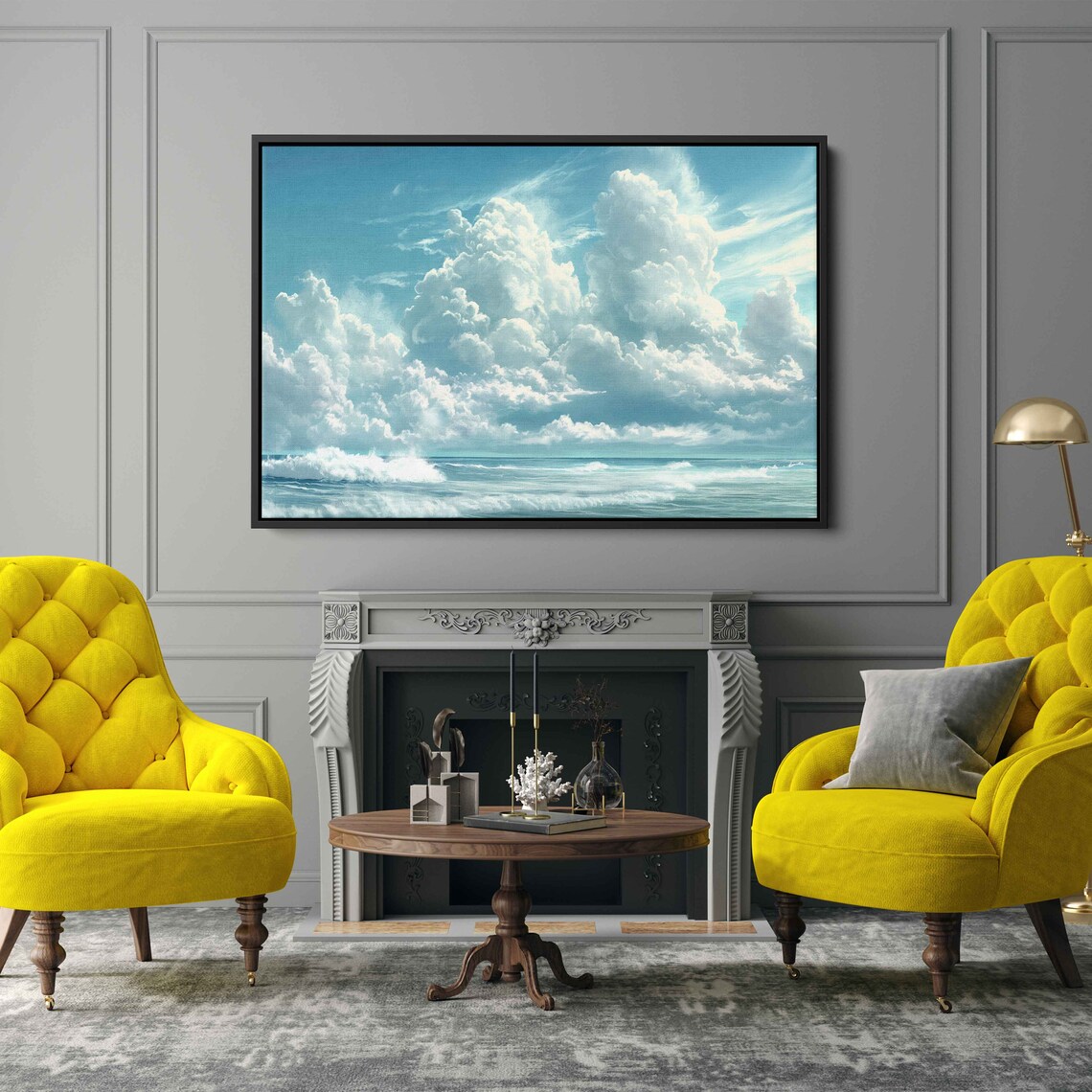 White Cumulus Clouds Turquoise Ocean Waves Calm Seascape Coastal Wall Poster - Image 2