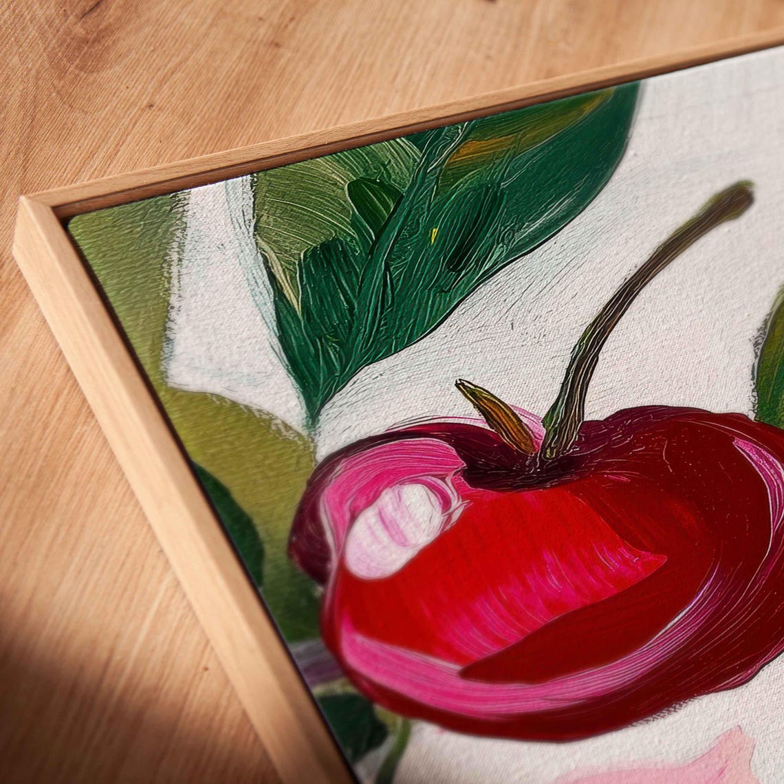Red Cherries On Branch With Pink Blossoms Painting Wall Art Print - Image 2