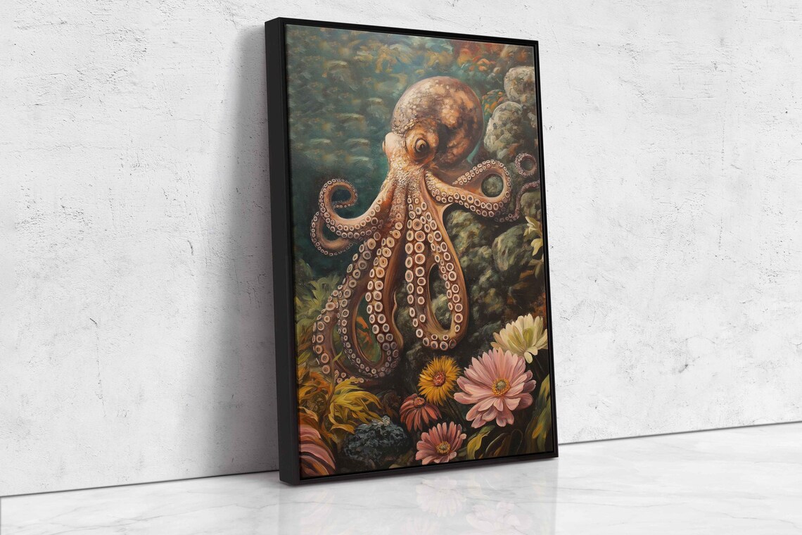 Octopus Perched On Rock Wall Art Print Vibrant Anemones Ocean Colors Nature Inspired - Image 4