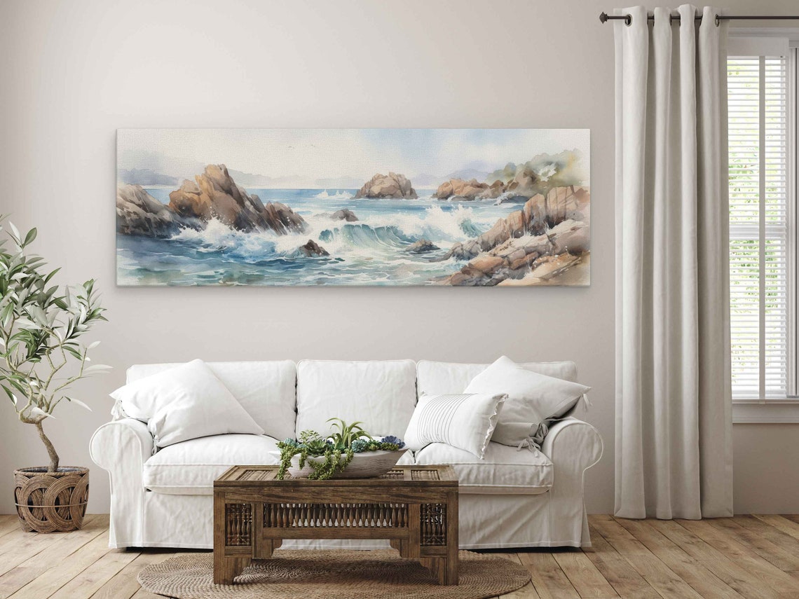 Ocean Waves Crashing On Rocky Coast Watercolor Panoramic Travel Poster - Image 4
