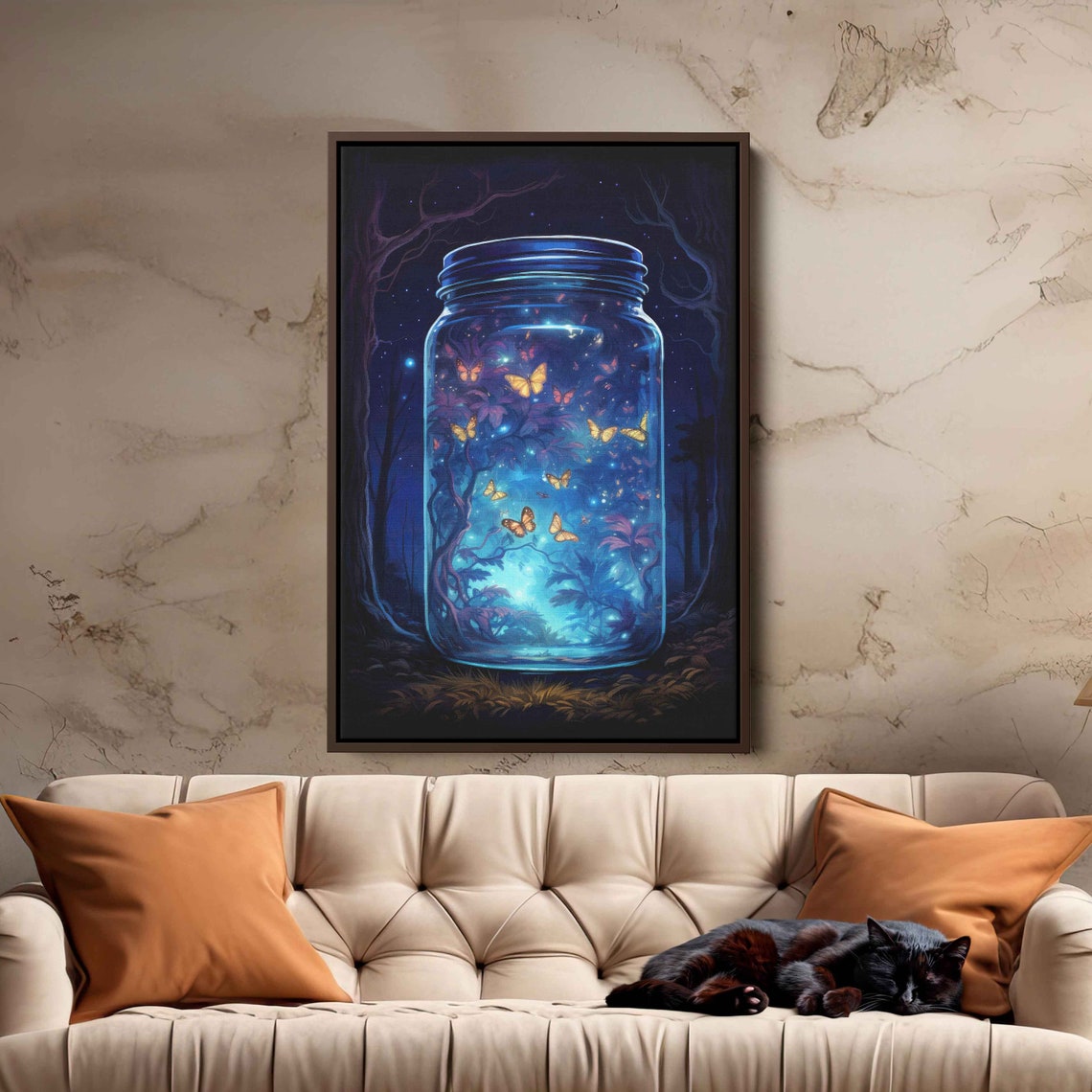 Glowing Butterflies In Glass Jar Starry Night Forest Fantasy Wall Art - Image 3