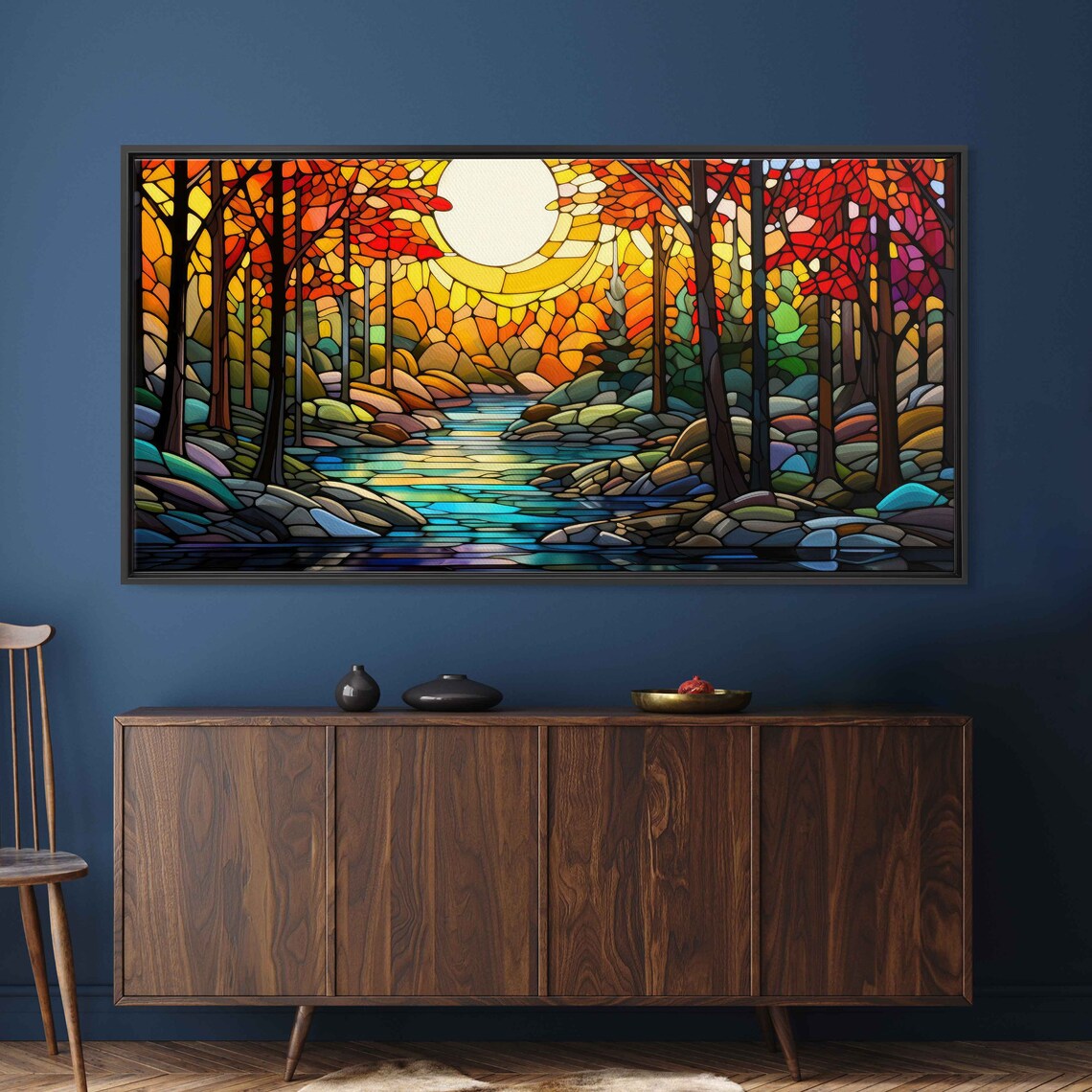 Mosaic Sunlit Forest Stream Wall Art Print Beautiful Vibrant Colors Mountain Range Ready To Hang - Image 2