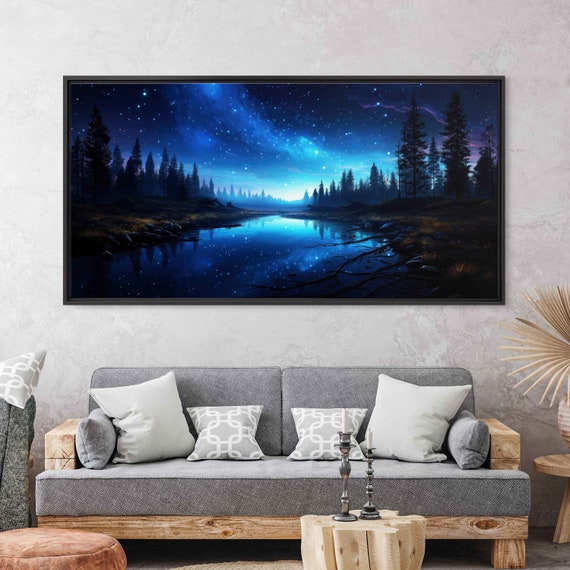 Glowing Night Sky Landscape Overlooking Woods Wall Art Print Peaceful Flowing River Celestial Reflection Ready To Hang