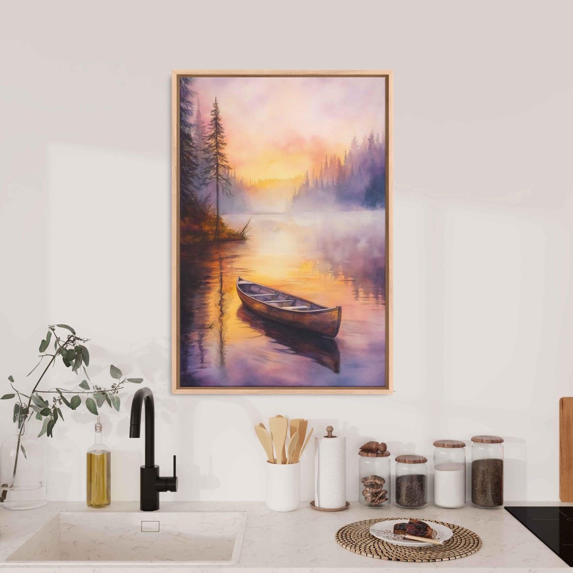 Camping Boat At Sunrise Wall Art Print Watercolor Misty River Peaceful Reflections - Image 3