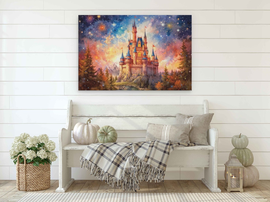Fairy Tale Castle Blue Spires Pine Forest Starry Sunset Wall Poster - Image 2