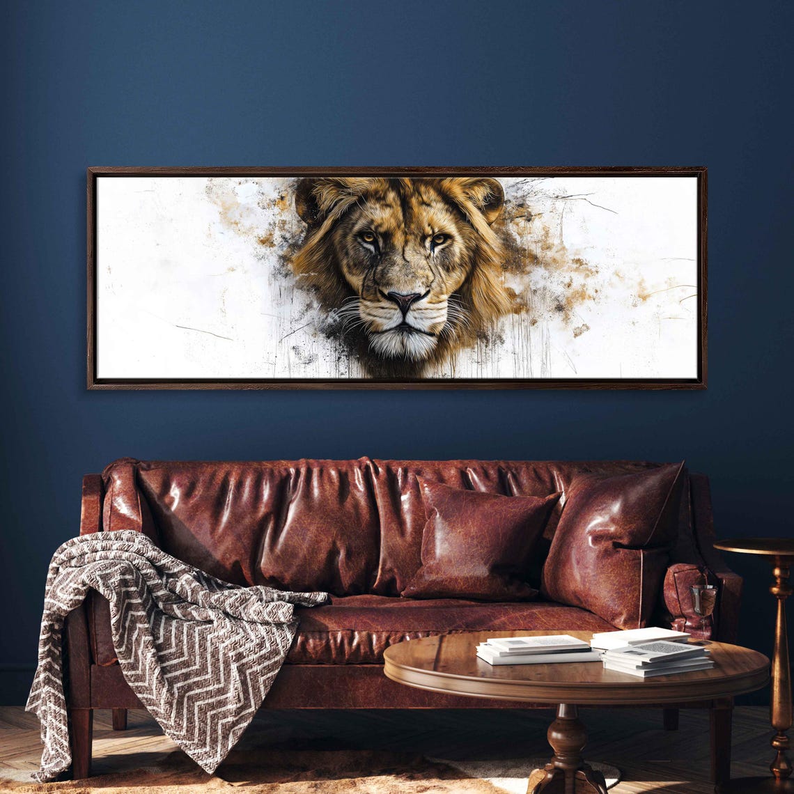 Lion Fierce Gaze Panoramic Hyper Realistic Ink Splash Wildlife Poster