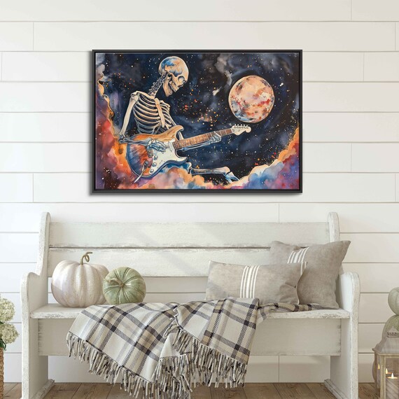 Skeleton Playing Electric Guitar Full Moon Cosmic Night Halloween Poster