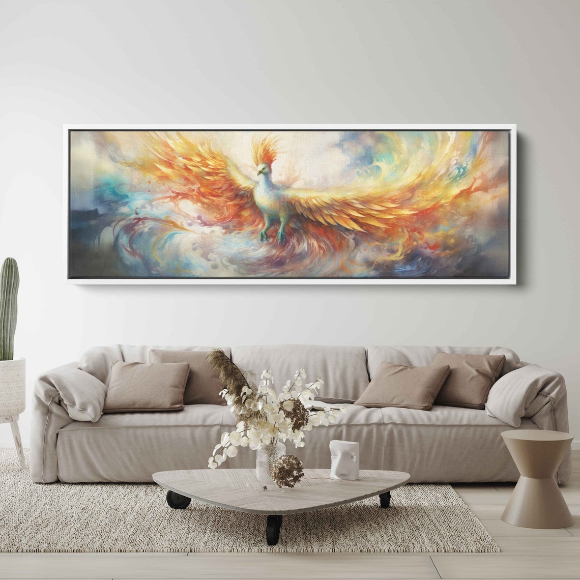 Colorful Phoenix Rising Watercolor Pastel Mythology Bird Panoramic Art - Image 2