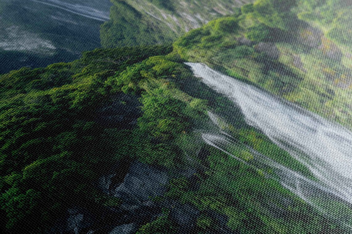 Serene Waterfall Lush Greenery Tranquil Lake Mountain Range Cloudy Skies Wall Art Print Ready To Hang - Image 2