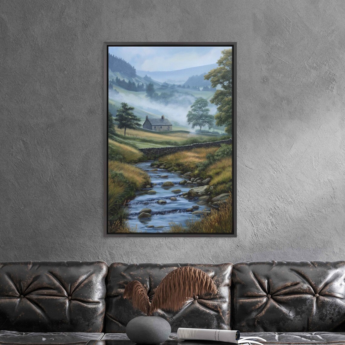 Misty Morning Stream By A Country Cabin Countryside Landscape Poster - Image 3