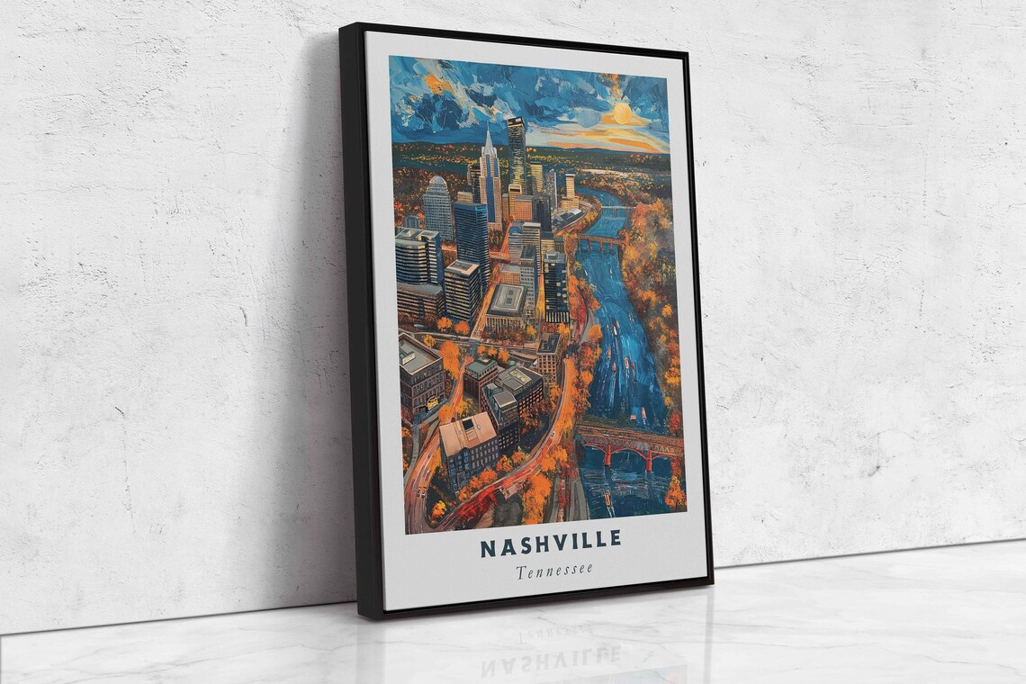 Nashville Tennessee Sunset Skyline Aerial Cumberland River Dusk Poster - Image 2
