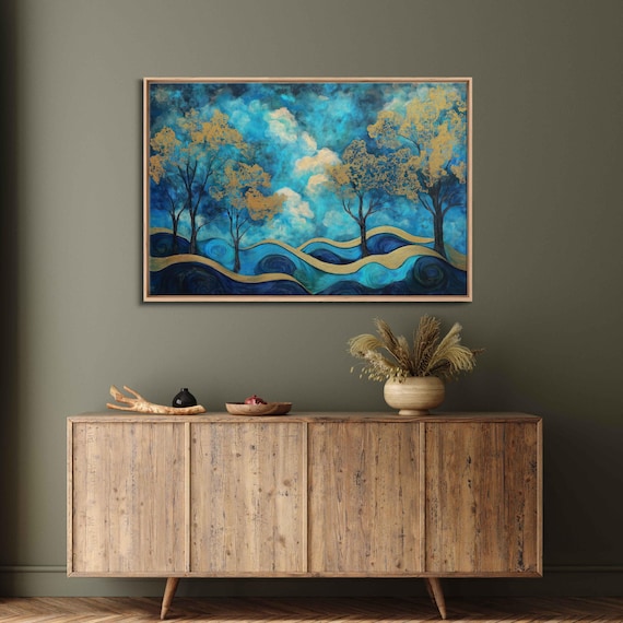 Ethereal Landscape Wall Art Print Shimmering Trees Vibrant Blue And Gold Palette