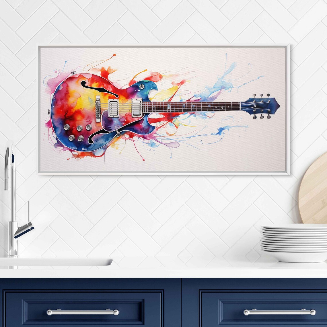 Colorful Electric Guitar Watercolor Splash Musician Gift Wall Art - Image 3