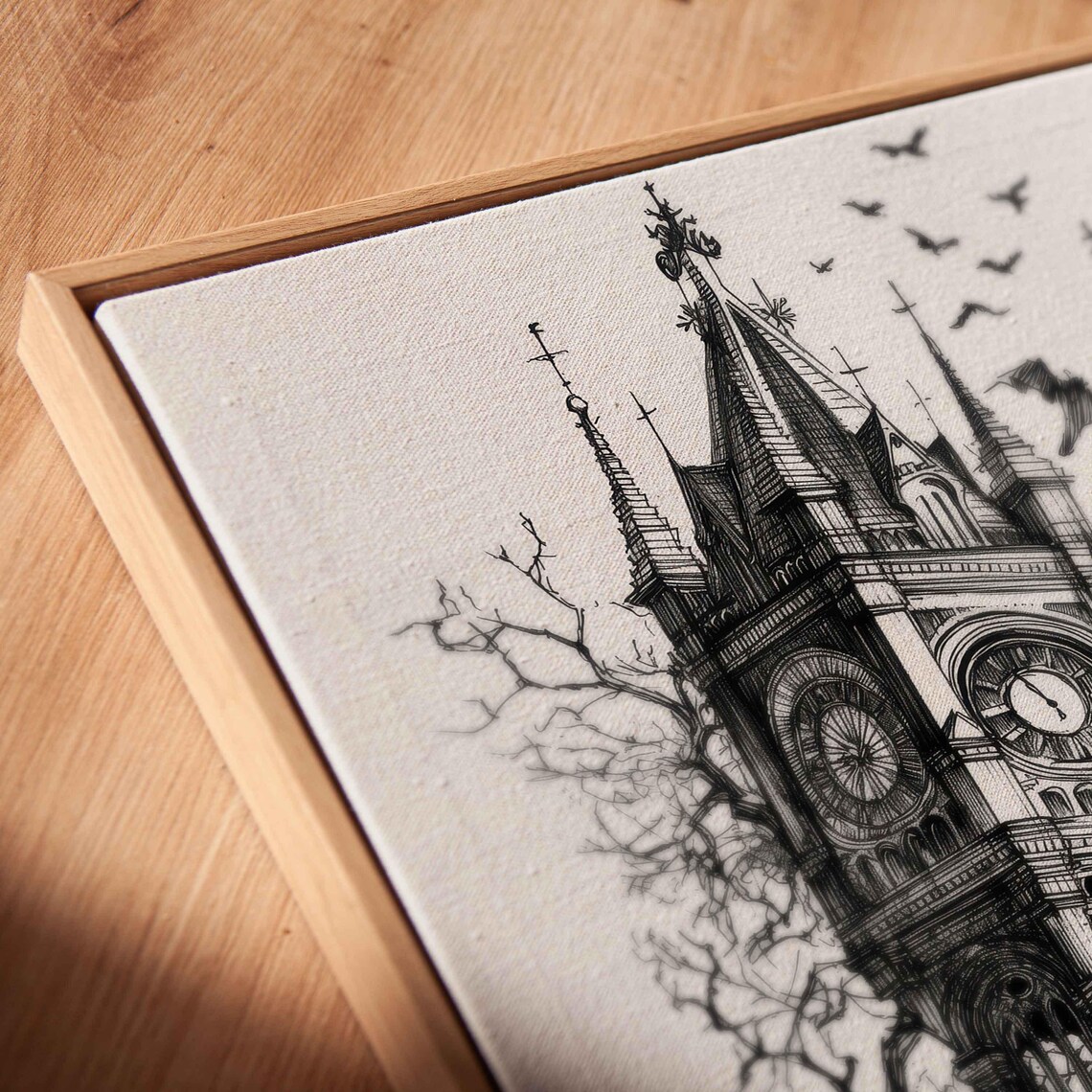 Gothic Clocktower Rising From Tangled Branches Bats Ink Halloween Poster - Image 2
