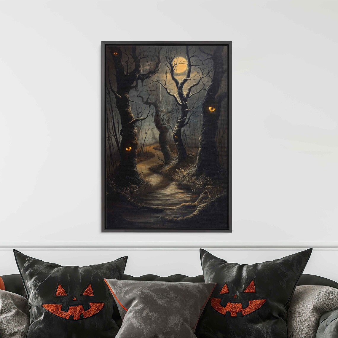 Haunted Forest With Glowing Eyes Moonlit Trail Spooky Night Poster - Image 3