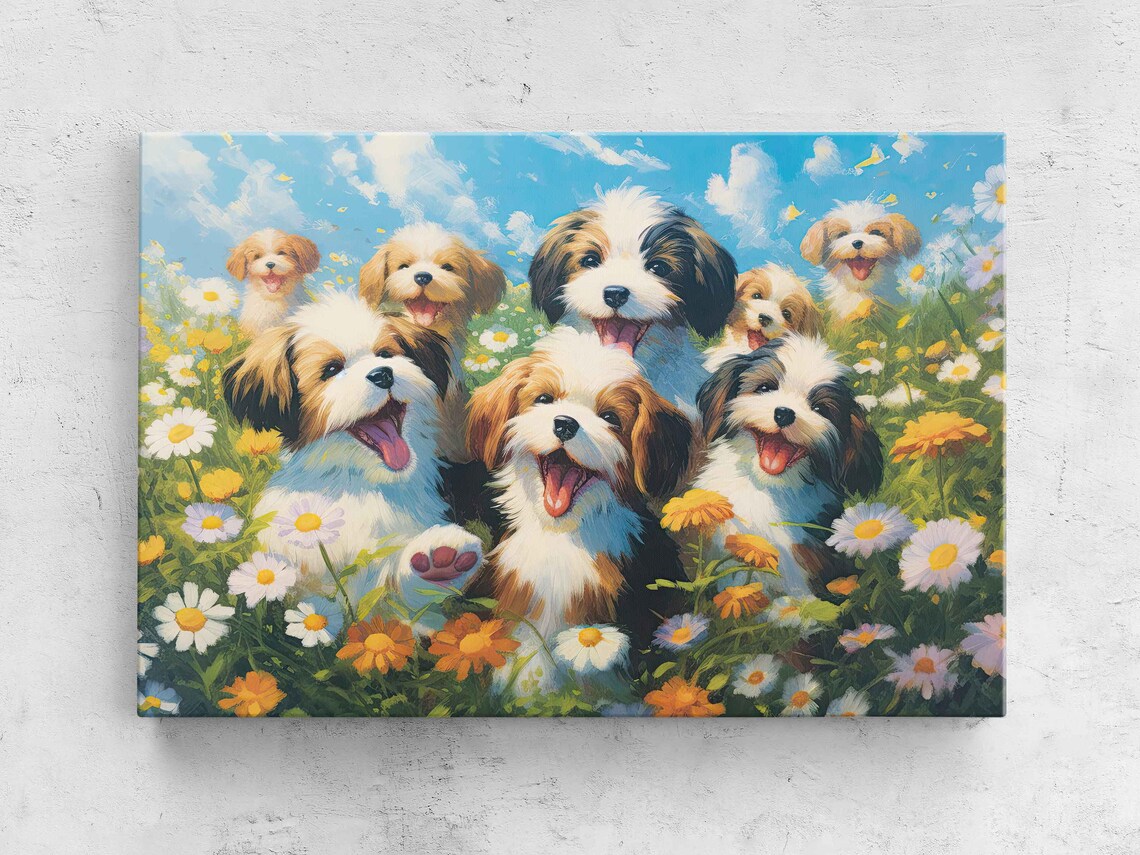 Pack Of Cute Happy Dogs In A Field Of Wildflowers Painting Framed Print Ready To Hang Happy And Uplifting Art