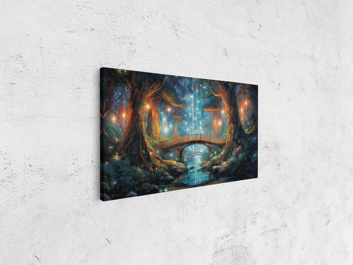Enchanted Firefly Forest With Bridge Fantasy Art Framed Print Ready To Hang Panoramic Painting - Image 4