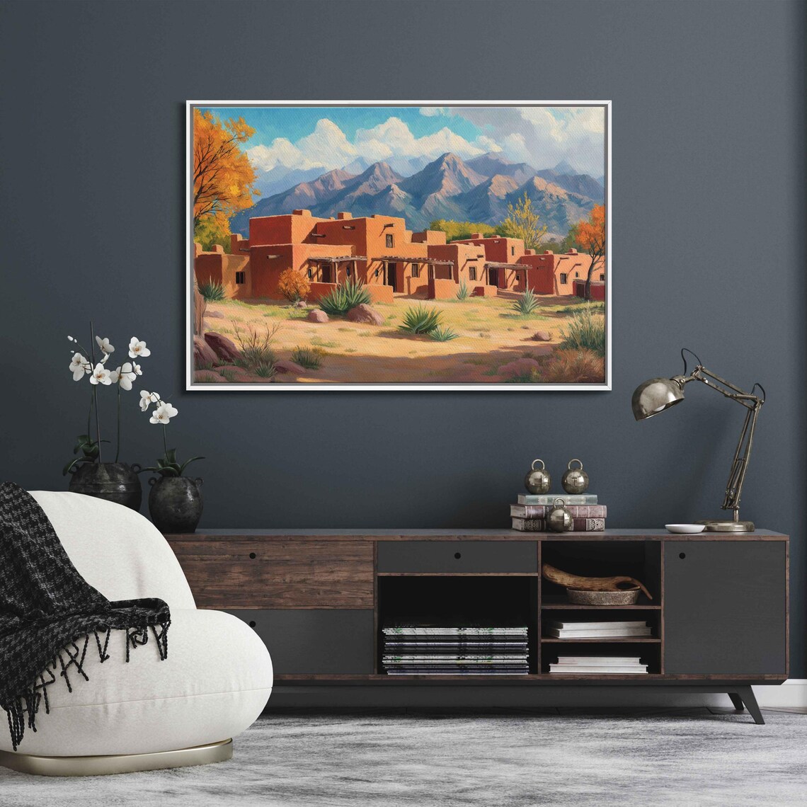 Southwestern Adobe Village Wall Art Print Sunlit Desert Scene Vibrant Colors Hand Painted
