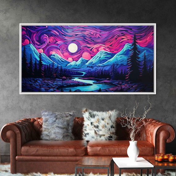 Starry Night Swirling Purple Sky Mountains Lake Impressionist Poster
