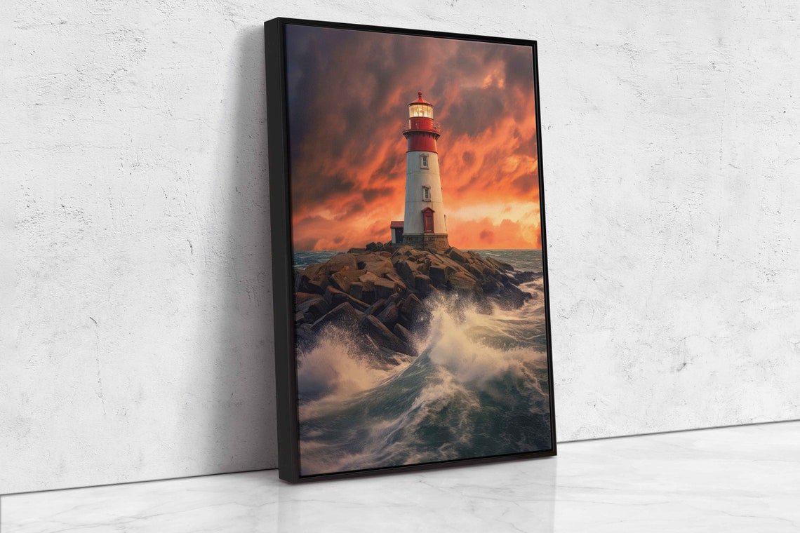 Waves Crashing Against Lighthouse Island Framed Print Ready To Hang Ocean Sunset Decor - Image 4