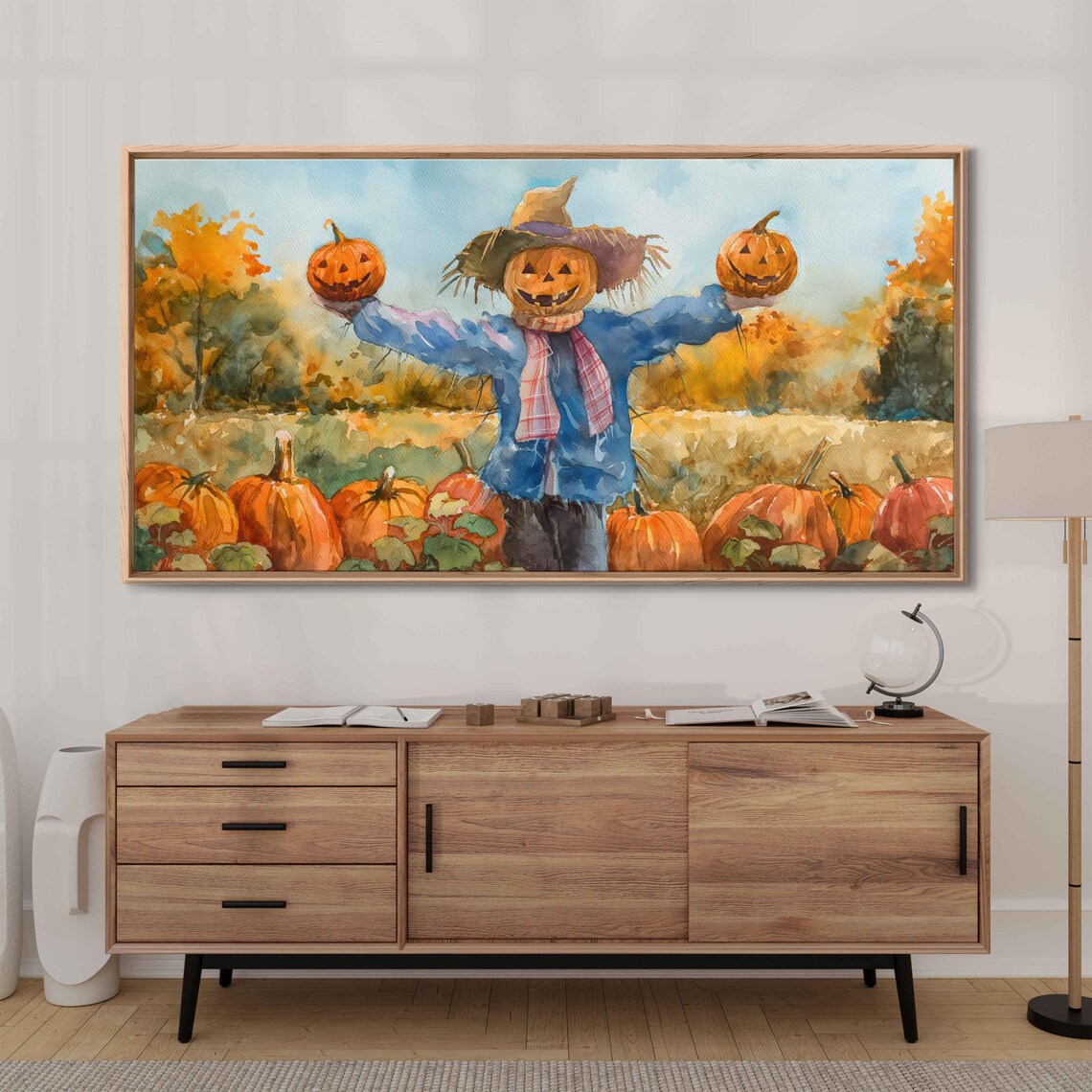 Cheerful Scarecrow In Pumpkin Patch Watercolor Fall Harvest Festival Poster - Image 3