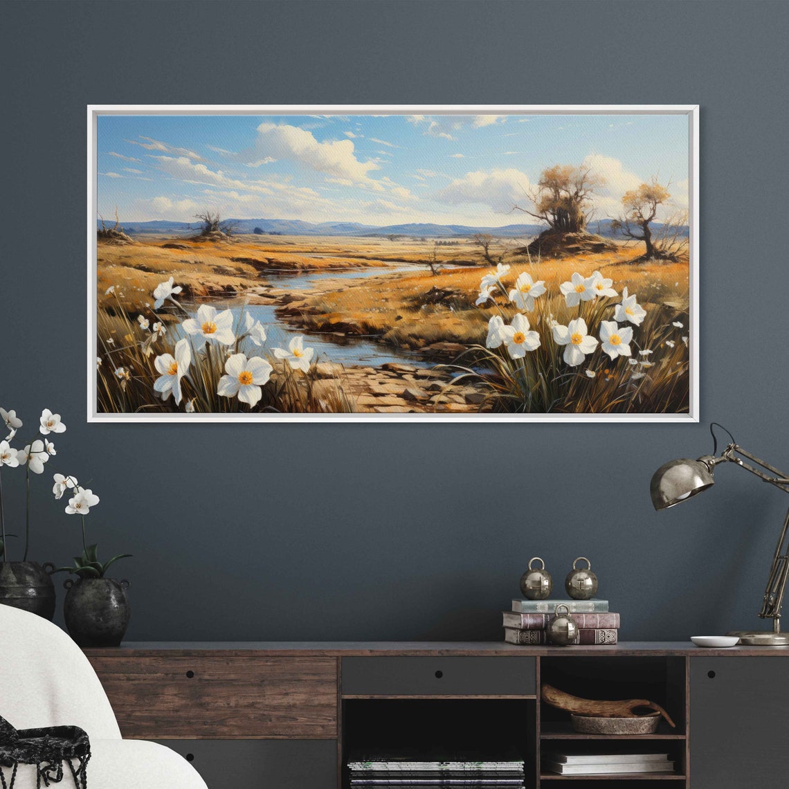 Daisies Overlooking Meadow Stream Wall Art Print Rural Landscape Gift For Nature Lover Ready To Hang - Image 3