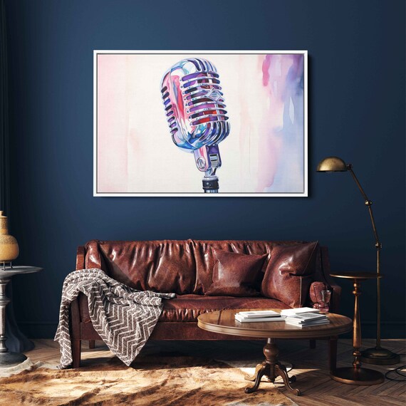 Vintage Studio Microphone Watercolor Splash Pink And Blue Wall Art