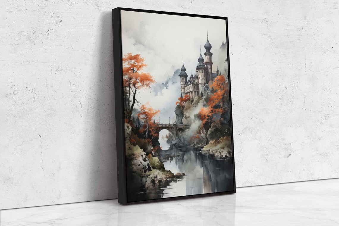 Watercolor River Castle Wall Art Print Hanging Trees Medieval Bridge Mountain Range Ready To Hang - Image 4