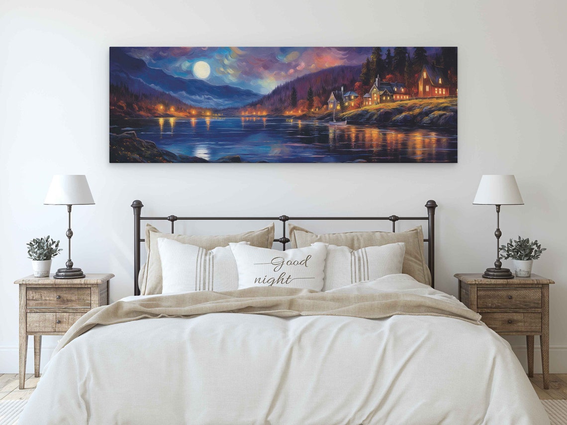 Panoramic Starry Night Sky Coastal Town Framed Print Ready To Hang Lake View Art Moonlight Landscape - Image 3