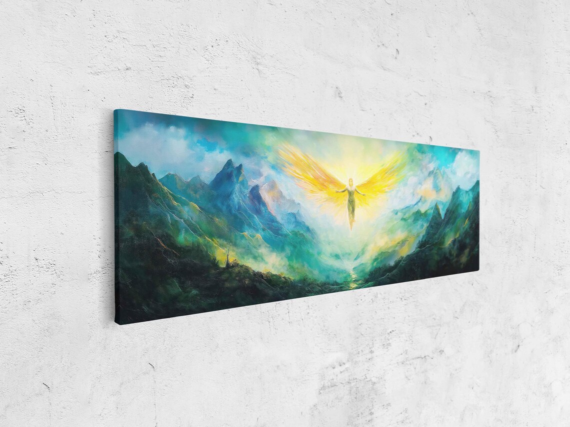 Angel Descending Towards Earth Wall Art Print Golden Light Majestic Mountains - Image 4