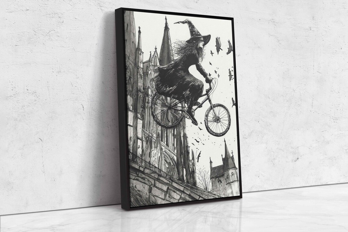 Whimsical Witch Riding Bicycle Past Gothic Cathedral Ink Drawing Halloween Poster - Image 4