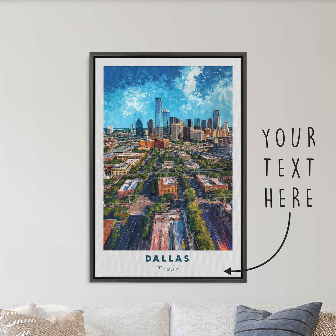 Dallas Texas Downtown Skyline Bright Blue Sky Cityscape Travel Poster