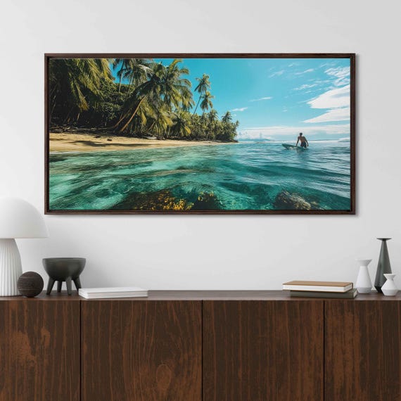 Surfer Floating By Sandy Beach Wall Art Print Tropical Island Gift For Surfer Blue Water Palm Trees Ready To Hang