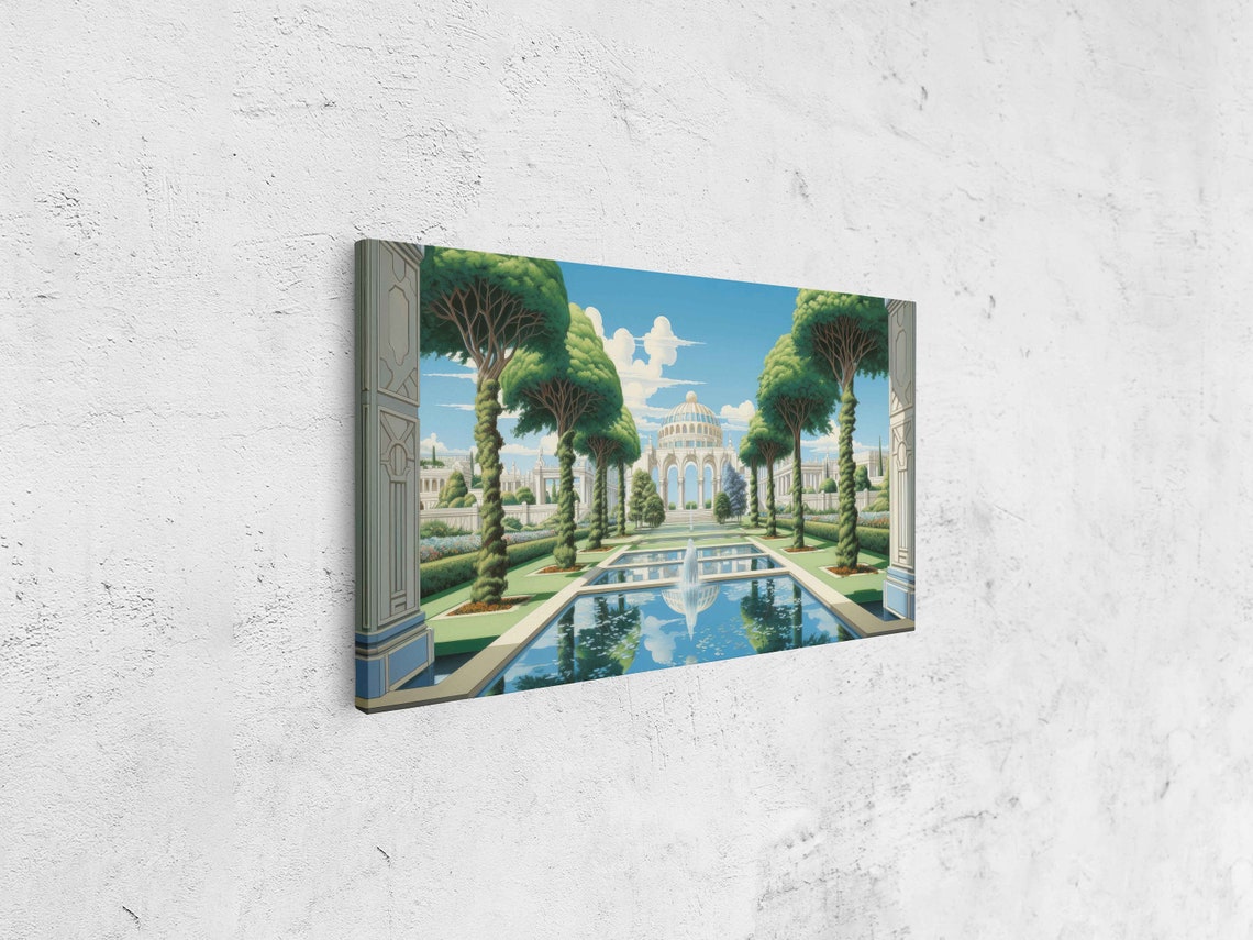 Art Deco Tree Lined Pond Walk Reflection Garden Palace Promenade Print - Image 4