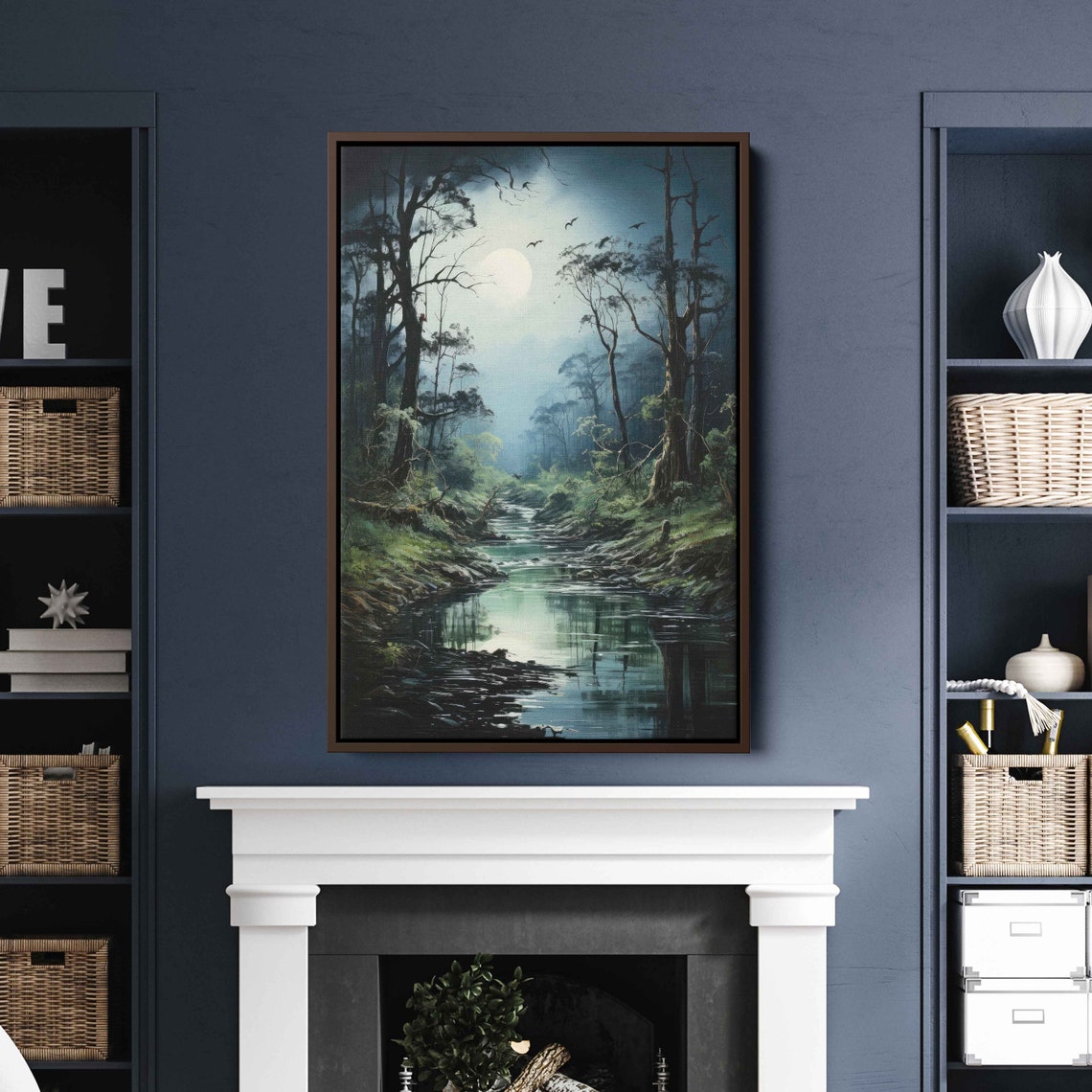 Moonlit Forest Stream Misty Night Full Moon Reflection Nature Poster - Image 3