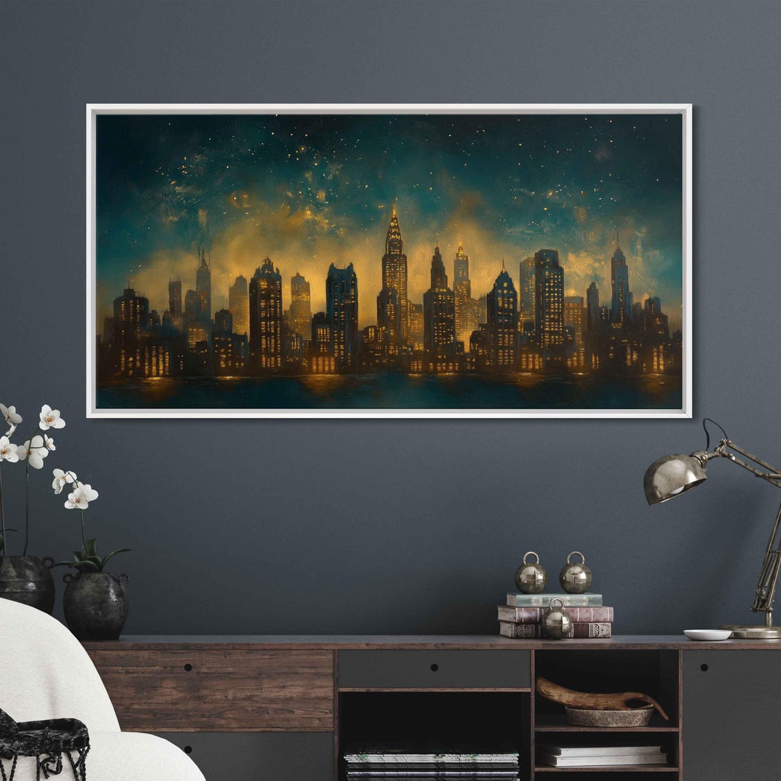 Teal And Gold New York City Night Skyline With Starry Sky Poster