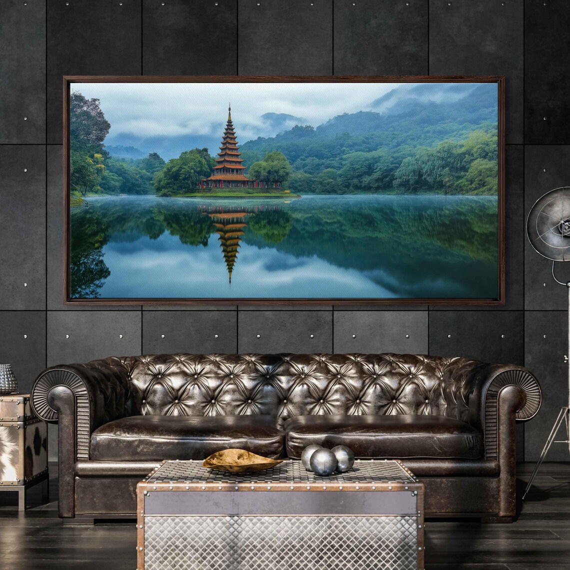 Buddhist Pagoda Reflection Art Print, Serene Scene