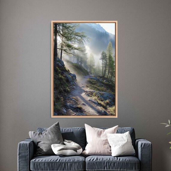 Mountain Path Through Sunlit Misty Forest Wall Art Print Ready To Hang
