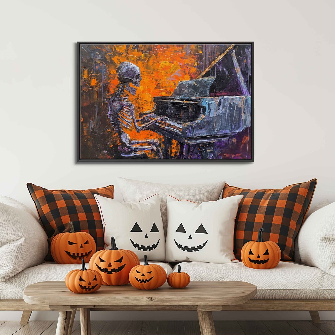 Skeleton Playing Grand Piano Orange Purple Oil Painting Poster - Image 3