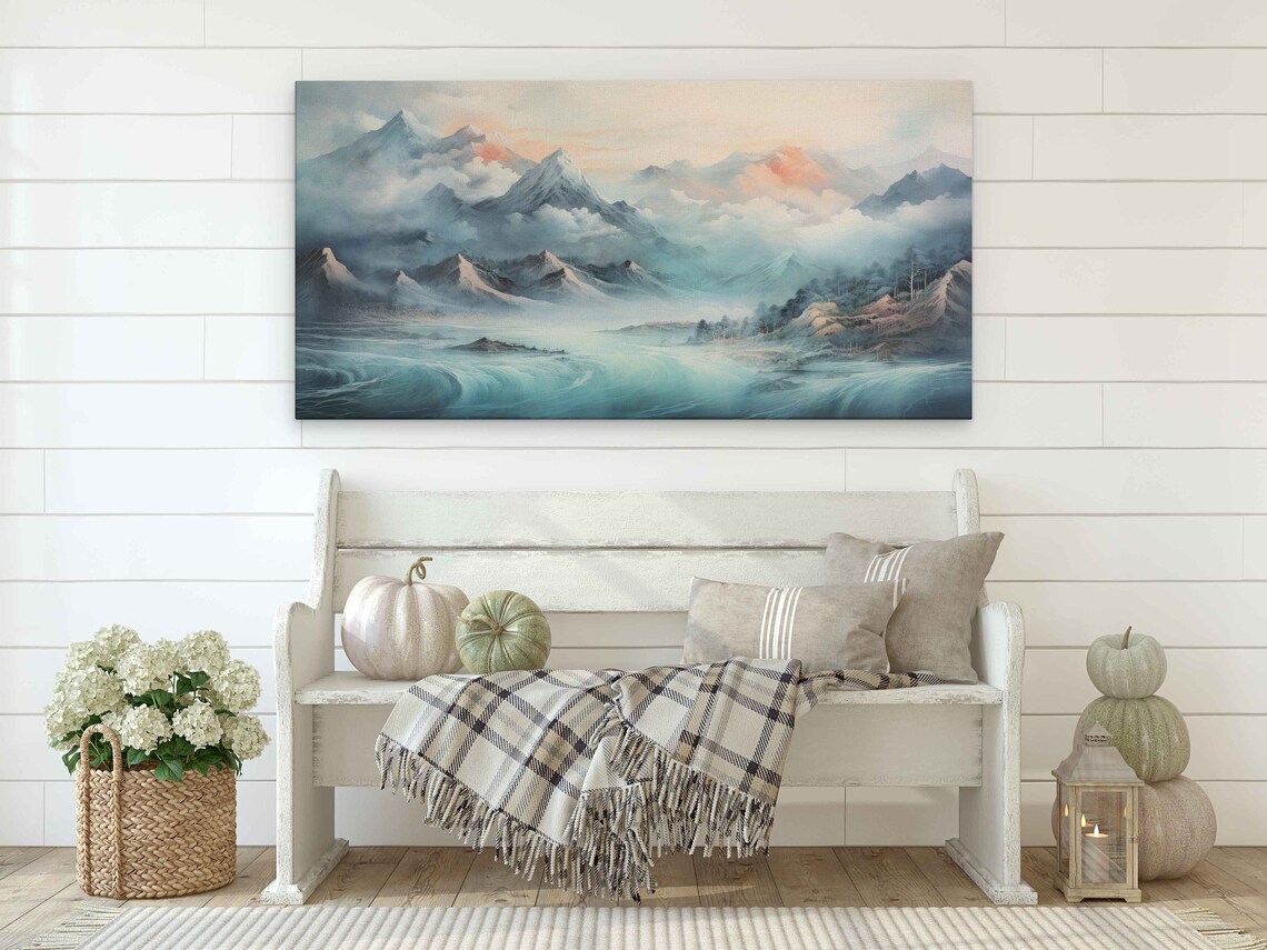Japanese Vintage Cloudy Mountains Wall Art Print Forest Tree Line Beautiful Serene Nature Ready To Hang - Image 2