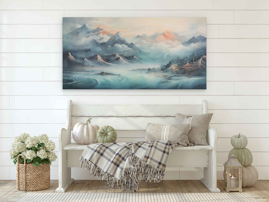 Misty Cloudy Mountains Turquoise Ocean Waves Japanese Art Wall Print - Image 2