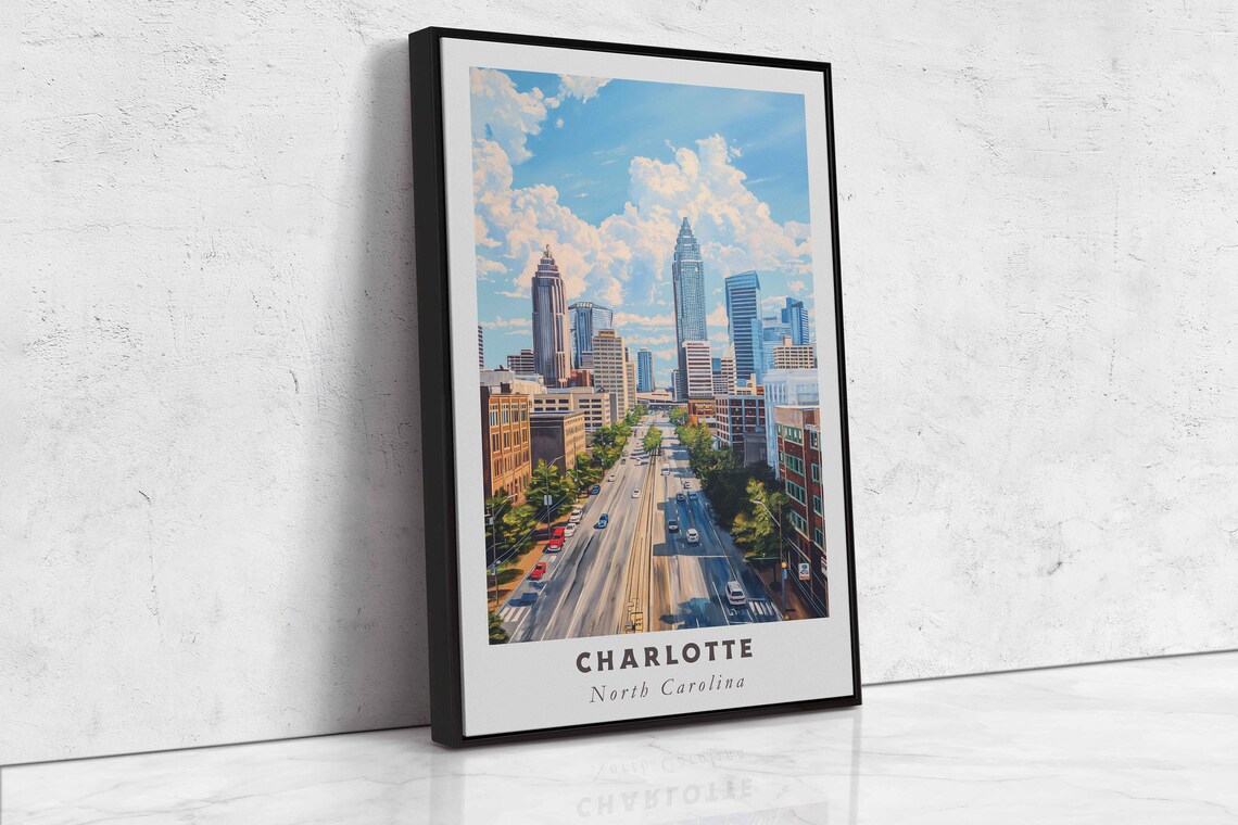 Charlotte North Carolina Uptown Skyline Daytime Street Clouds Poster - Image 2