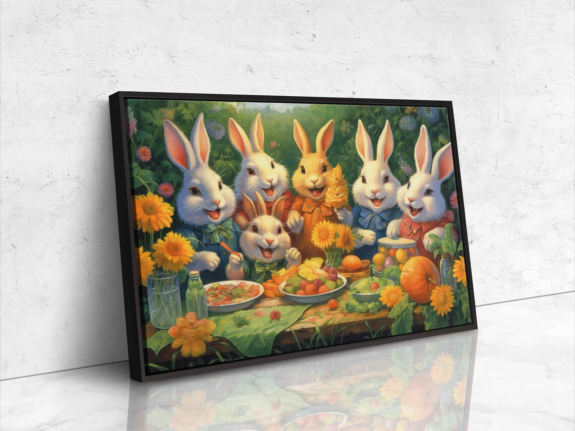 Whimsical Bunny Family Picnic Sunflowers Fruit Garden Painting Art Poster - Image 4