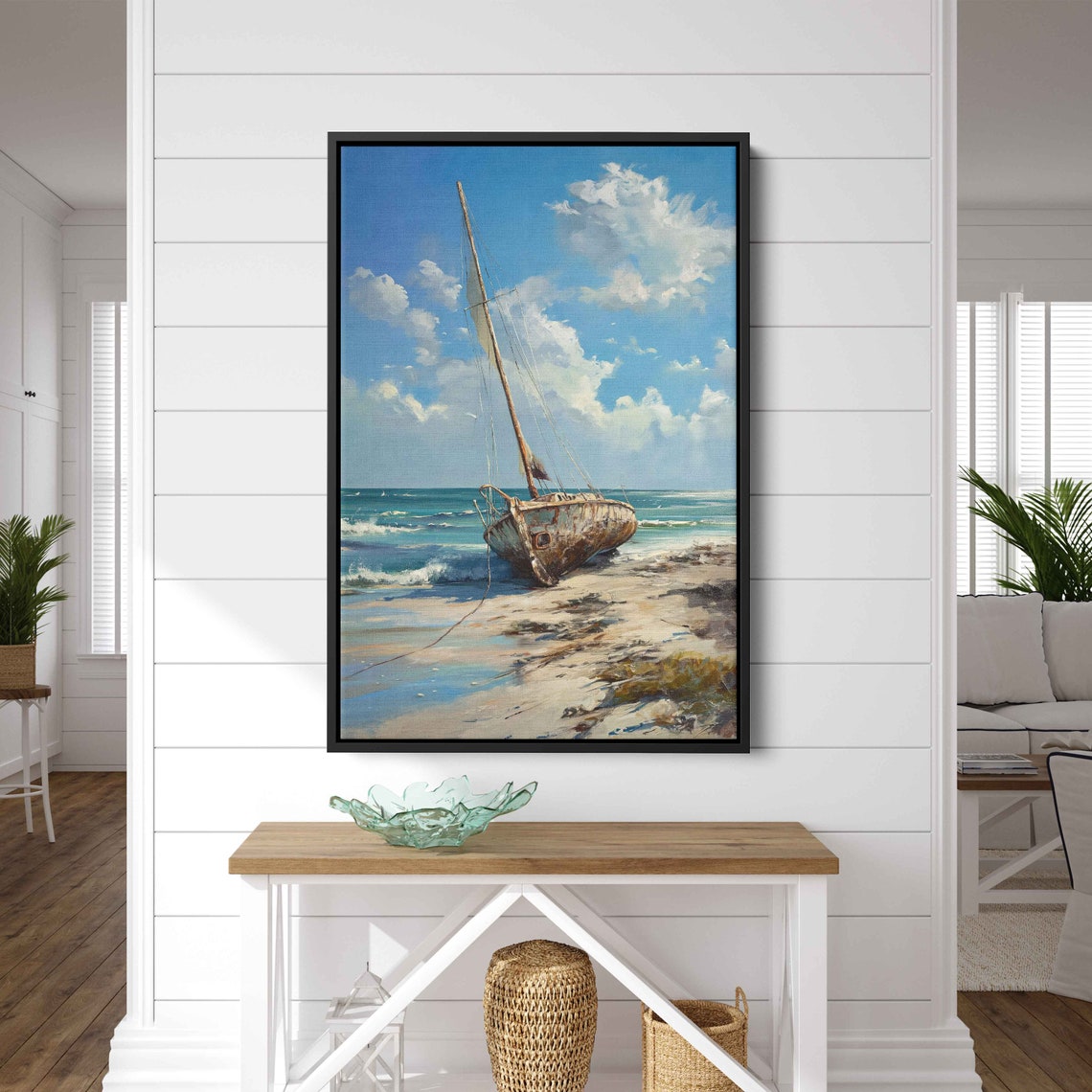 Broken Boat Washed Ashore Painting Cloudy Blue Skies Framed Print Ready To Hang - Image 2