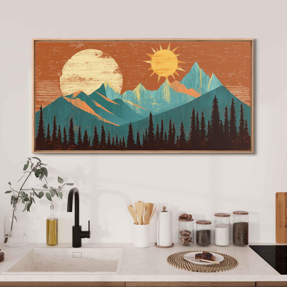 Mountain Range Sun, Woodcut Style Pine Trees